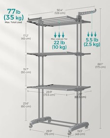 Skladací 4-poschodový sušiak na prádlo, mobilný, 64 x 126 x 172 cm, nerezová oceľ, so sklápacími krídlami, šedý