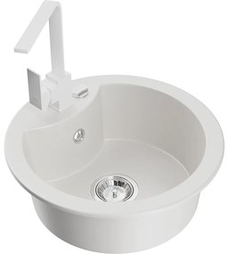 Mexen Diego, 1-komorový granitový drez 488x488x167 mm, chrómový sifón, biela matná batéria Rita, biela, 6512-20-670300-20