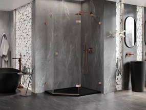 Mexen Lunar, päťuholníkový sprchový kút s pravým sklonom 90 x 80 cm, 8mm číre sklo, profil medená matná, 831-090P-080L-65-00-P