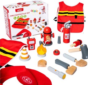 LEAN Toys Súprava pre malého hasiča – kostým a hasičské doplnky z dreva, 14 dielov