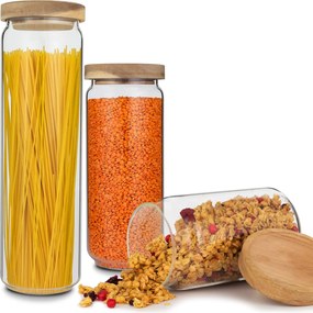 Klarstein Lovage, skladovacie dózy, 0,75, 1,1, 1,5 l, 3 dielna súprava, borosilikátové sklo, veko z akáciového dreva, silikón