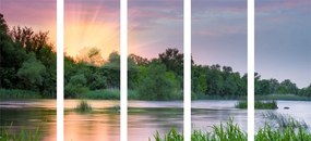 5-dielny obraz východ slnka pri rieke - 100x50