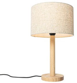 Rustikálna stolná lampa drevená s ľanovým tienidlom béžová 25 cm - Mels