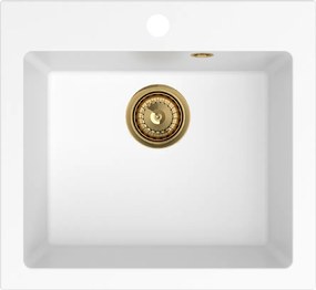 Sink Quality Ferrum 50, kuchynský granitový drez 490x450x195 mm + zlatý sifón, biela, SKQ-FER.W.1K50.XG