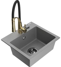 Mexen Milo, 1-komorový granitový drez 435x410x171 mm a drezová batéria Aster, šedá, 6505-71-73450-57-B