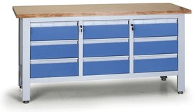 Pracovný stôl do dielne EXPERT, 9 zásuviek, 1690 x 600 x 860 - 900 mm, modrá