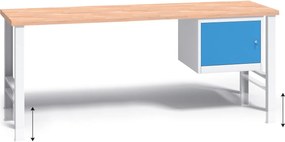 Výškovo nastaviteľný pracovný stôl do dielne G3 so závesnou skrinkou na náradie, buková škárovka, 2000 x 685 x 840 - 1050 mm, modrá