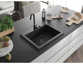 Mexen Elix, 1-komorový granitový drez 600 x 500 mm, čierna/strieborná metalíza, čierny sifón - 6525601005-73-B