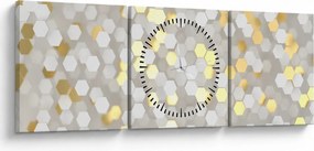 Obraz - Zlato-biele hexagóny (s hodinami) (90x30 cm)