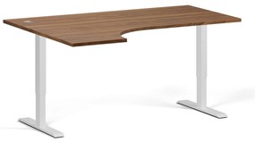 Rohový výškovo nastaviteľný stôl, 160x120 cm, 2 motory, L/P, biela podnož, orech