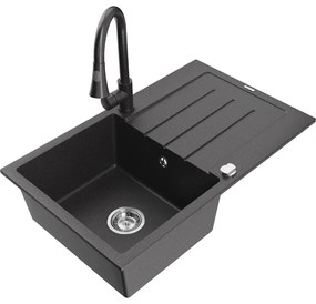 Mexen Bruno, 1-komorový granitový drez 795x495x200 mm a drezová batéria Elia, čierna škvrnitá, 6513-76-670101-76