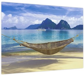 Sklenený obraz - Sklenený obraz hojdacej siete na pláži 2 (70x50 cm)