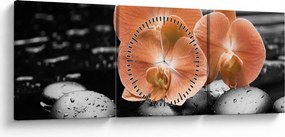 Obraz - Oranžové orchidey (s hodinami) (90x30 cm)