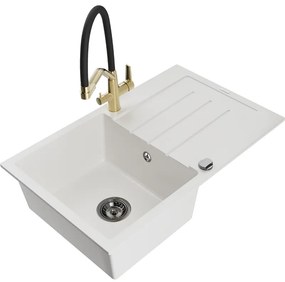 Mexen Bruno, 1-komorový granitový drez 795x495x200 mm a drezová batéria Duo, biela, 6513-20-671701-57-B