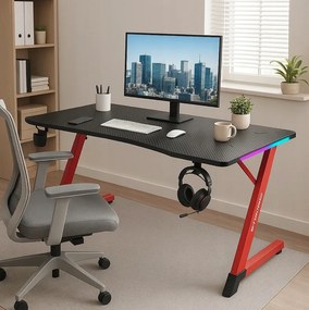 Čierno-červený herný stôl, PC stôl s LED osvetlením RGB Šírka: 140 cm