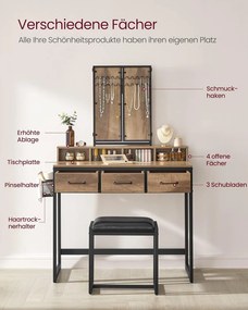 Toaletný stolík s čalúnenou stoličkou, 3 zásuvky, držiak na sušič vlasov, farba dub a čierna