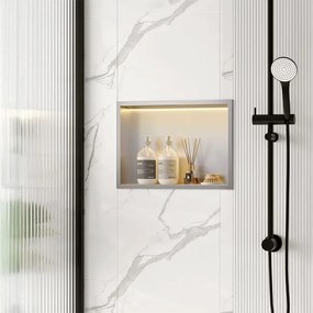 Rea Vstavaná kúpeľňová polica s LED osvetlením 45x30 cm, brúsená oceľ