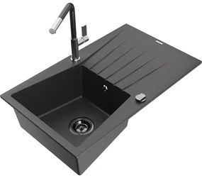 Mexen Cesar, 1-komorový granitový drez 775x470x190 mm a drezová batéria Flora, čierna škvrnitá, 6514-76-670401-08-B