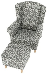 Kondela Kreslo, ušiak s taburetom, patchwork N1 látka, ASTRID