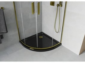 Mexen Rio, štvrťkruhový sprchovací kút s posuvnými dverami 90(dvere) x 90(dvere) x 190 cm, 6mm číre sklo, zlatý profil + čierna sprchová vanička SLIM, 863-090-090-50-00-4170G