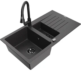 Mexen Matias, 1,5-komorový granitový drez 900x505x200 mm a drezová batéria Elia, čierna škvrnitá, 6502-76-670101-70-B