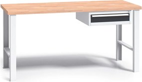 Pracovný stôl do dielne G3 so závesným boxom na náradie, buková škárovka, 1 zásuvka, pevné kovové nohy, 1500 mm, grafit