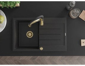 Mexen Bruno, 1-komorový granitový drez 795x495x200 mm a drezová batéria Aster, čierna-strieborná metalíza, 6513-73-73450-57-G