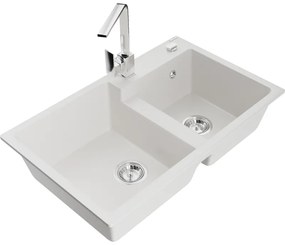 Mexen Tomas, granitový drez 800x500x190 mm, 2-komorový a chrómová batéria Rita, biela, 6516-20-670300-00