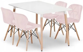 Jedálenský stôl ADRIA biely so štyrmi stoličkami LAGO zamatové ružové