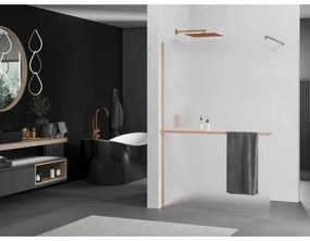 Mexen Kioto+, sprchová zástena Walk-In s poličkou a vešiakom 90 x 200 cm, 8mm sklo námraza, medený matný profil, 800-090-121-65-30