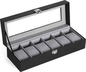 Box na hodinky so skleneným vekom, so 6 priehradkami, čierny