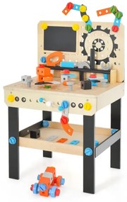 Detská drevená lavica na náradie s doskou a závesným stojanom na náradie a príslušenstvom