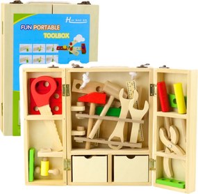 LEAN Toys Sada malého majstra – drevený box s náradím, 35 ks