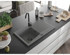 Mexen Cesar, granitový drez 775x470x190 mm, 1-komorový, šedá s čiernym sifónom a čierna drezová batéria Telma, 6514-71-670200-70-B