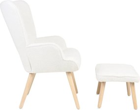 Relaxačné kreslo ušiak ROMEO II + taburet — masívne drevo, látka bouclé, prírodná / biela