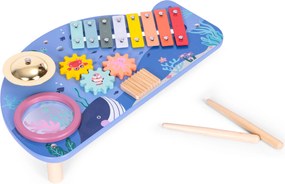 Drevený hudobný stolík s 4 nástrojmi pre deti (xylofón, bubon, tarka) – veľryba ECOTOYS