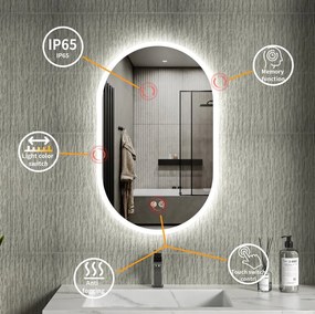 Erga Demi, oválne LED zrkadlo 50x80cm, 3 farby svetla, predné osvetlenie, vyhrievacia podložka proti zapareniu, ERG-V01-Demi-5080-CL
