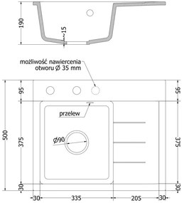 Mexen Ben, 1-komorový granitový drez 600x500x190 mm, ľavý+ chrómový sifón, šedá, 6522605000-71