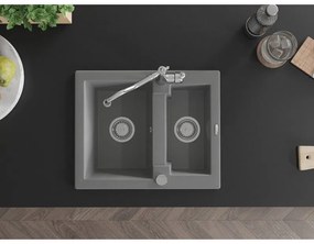 Mexen Carlos, granitový drez 582x475x177 mm, 1,5-komorový a drezová batéria Carla, šedá, 6518-71-670700-00