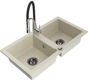 Mexen Mario, granitový drez 820x436x161 mm, 2-komorový a drezová batéria Aster, béžová, 6504-69-73450-07-B