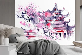 Gario Fototapeta Japonská pagoda a čerešňový kvet Materiál: Vliesová, Rozmery: 450 x 315 cm