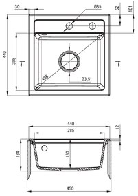 Deante Zorba, granitový drez 440x440x184 mm B/O, 3,5" + priestorovo úsporný sifón, 1-komorový, grafitová, ZQZ_2103