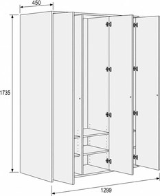 Šatníková skriňa FRAME, 3 oddiely, 1299 x 450 x 1735 mm, PUSH-lock, orech
