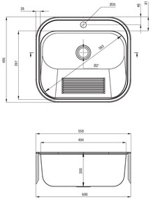 Deante Deante, nerezová výlevka 1-komorová s otvorom pre batériu, B/O 550x495x210, 2" + sifón, brúsená nerez, DEA-ZYK_010B