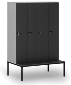 Drevená šatníková skrinka S4 s lavičkou, 4 oddiely, 1871 x 1200 x 500/800 mm, demont, mechanický kódový zámok, sivá/grafit