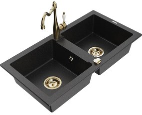 Mexen Mario, granitový drez 820x436x161 mm, 2-komorový a drezová batéria Carla, čierna-strieborná metalíza, 6504-73-670700-50
