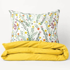 Goldea bavlnené posteľné obliečky duo - maľované kvety s lístkami so žltou 140 x 200 a 70 x 90 cm