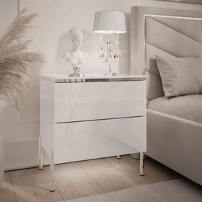 NOČNÝ STOLÍK NESSIE 2 BIELY LESK + STRIEBORNÝ NOŽIČKY 14 cm LED