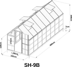 Skleník so základňou BestBerg SH‑6B / 6,6 m² / 364 × 182 × 208 cm / čierna