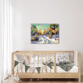 Obraz - Zasnežená cesta lesom, olejomaľba (70x50 cm)